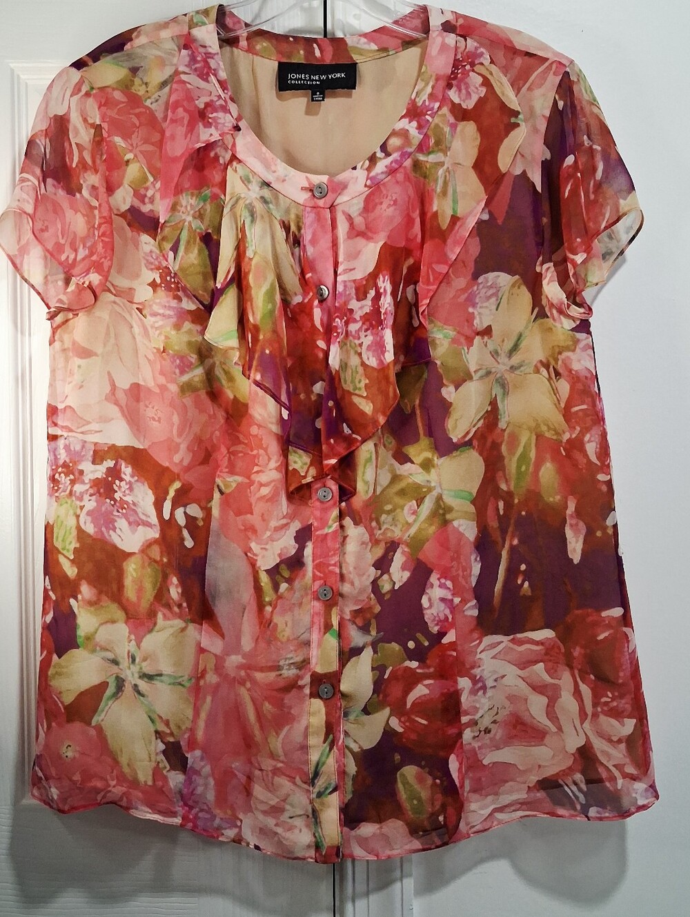 Jones New York 100% Silk  Multi-Color Floral Ruffle Front Sheer Blouse